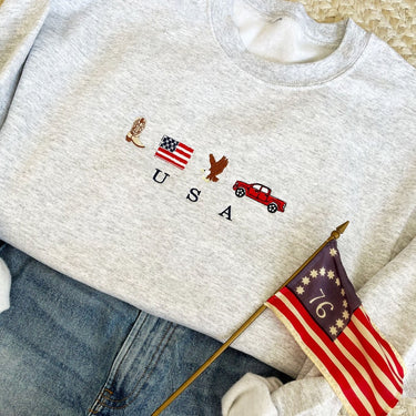 USA Embroidered Icons Crewneck Sweatshirt | America Sweatshirt | 4th of July crewneck | Country, Western, Cowboy Sweatshirt | G18EFJ2